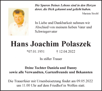 Traueranzeige von Hans Joachim Polaszek von Trauerkombi Bitterfeld