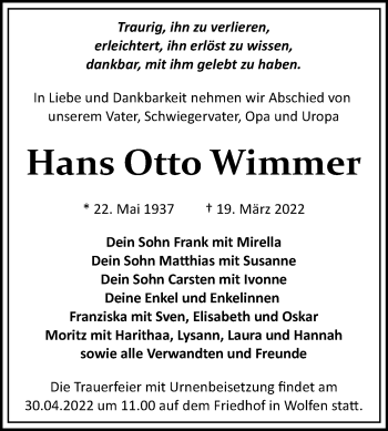 Traueranzeige von Hans Otto Wimmer von Trauerkombi Bitterfeld