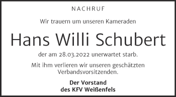 Traueranzeige von Hans Willi Schubert von Trauerkombi Weißenfels