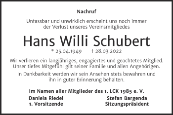 Traueranzeige von Hans Willi Schubert von Trauerkombi Weißenfels