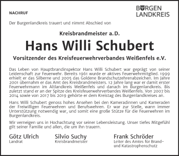 Traueranzeige von Hans Willi Schubert von Naumburger Tageblatt