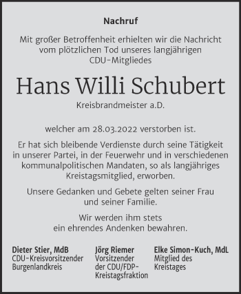 Traueranzeige von Hans Willi Schubert von Naumburger Tageblatt