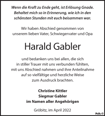 Traueranzeige von Harald Gabler von Trauerkombi Weißenfels