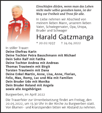 Traueranzeige von Harald Gatzmanga von Trauerkombi Weißenfels