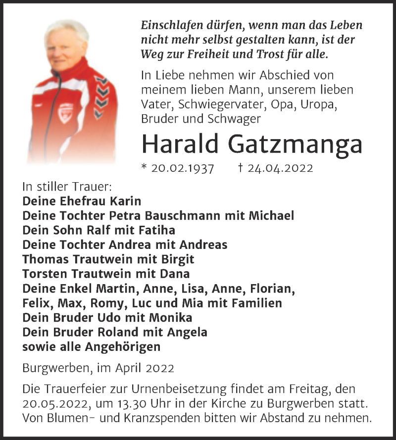  Traueranzeige für Harald Gatzmanga vom 30.04.2022 aus Trauerkombi Weißenfels
