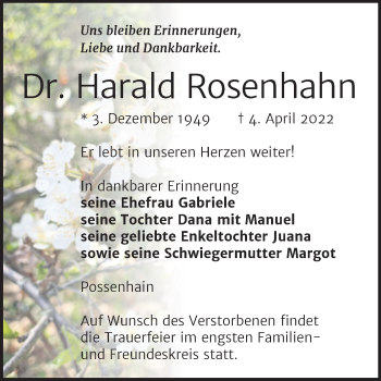 Traueranzeige von Harald Rosenhahn von Wochenspiegel Naumburg/Nebra
