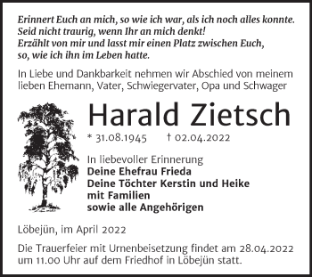Traueranzeige von Harald Zietsch von Mitteldeutsche Zeitung Halle/Saalkreis