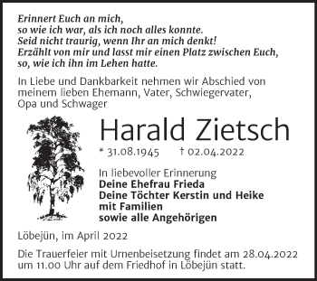 Traueranzeige von Harald Zietsch von Trauerkombi Köthen