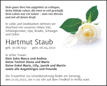 Traueranzeige von Hartmut Staub von Trauerkombi Mansfelder Land