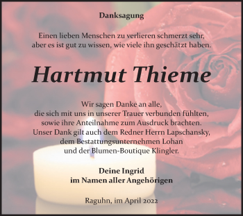Traueranzeige von Hartmut Thieme von Trauerkombi Bitterfeld