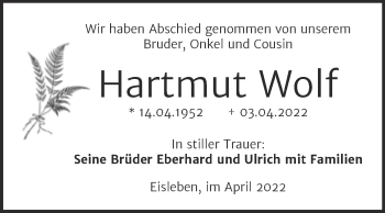 Traueranzeige von Hartmut Wolf von Trauerkombi Mansfelder Land