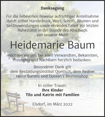 Traueranzeige von Heidemarie Baum von Trauerkombi Köthen