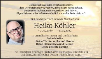 Traueranzeige von Heiko Köhler von Trauerkombi Dessau