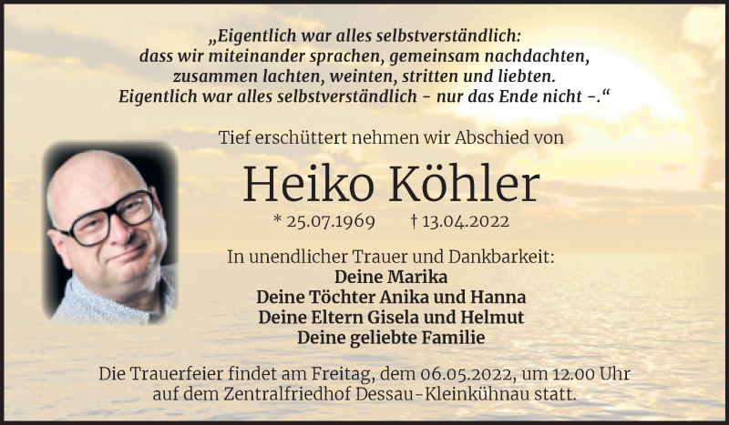  Traueranzeige für Heiko Köhler vom 30.04.2022 aus Trauerkombi Dessau