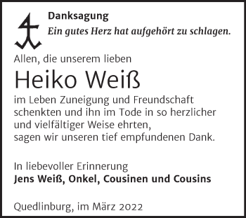 Traueranzeige von Heiko Weiß von Trauerkombi Quedlinburg