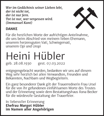Traueranzeige von Heini Hübler von Trauerkombi Sangerhausen