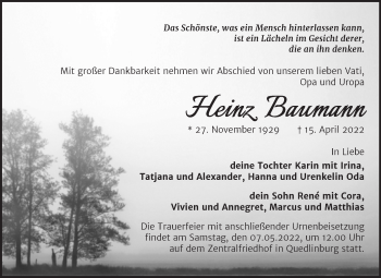 Traueranzeige von Heinz Baumann von Trauerkombi Quedlinburg
