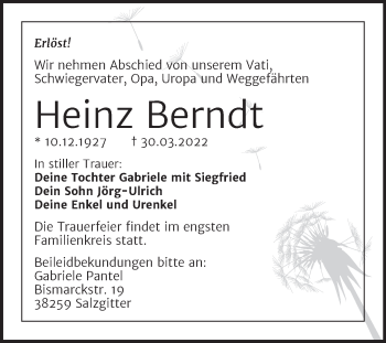 Traueranzeige von Heinz Berndt von Trauerkombi Dessau