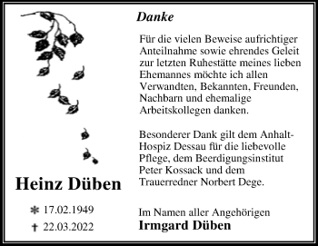 Traueranzeige von Heinz Düben von Trauerkombi Dessau