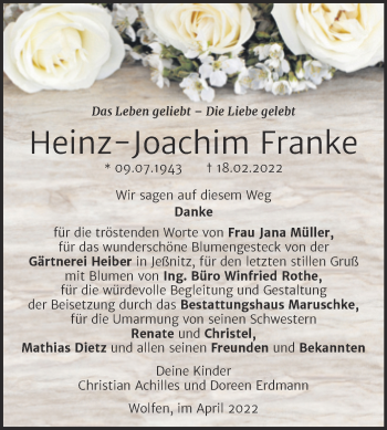 Traueranzeige von Heinz-Joachim Franke von Trauerkombi Bitterfeld