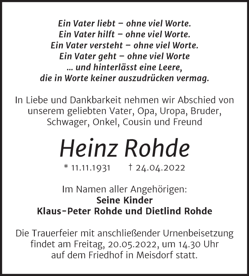  Traueranzeige für Heinz Rohde vom 30.04.2022 aus Trauerkombi Quedlinburg