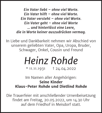 Traueranzeige von Heinz Rohde von Trauerkombi Quedlinburg