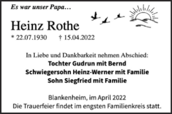 Traueranzeige von Heinz Rothe von Trauerkombi Sangerhausen