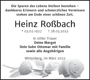 Traueranzeige von Heinz Roßbach von Trauerkombi Wittenberg