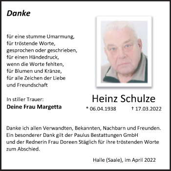 Traueranzeige von Heinz Schulze von Mitteldeutsche Zeitung Halle/Saalkreis