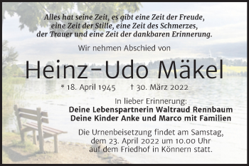 Traueranzeige von Heinz-Udo Mäkel von Trauerkombi Bernburg