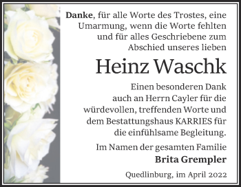 Traueranzeige von Heinz Waschk von Trauerkombi Quedlinburg