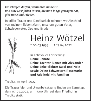 Traueranzeige von Heinz Wötzel von Trauerkombi Wittenberg