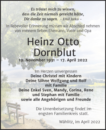 Traueranzeige von Heinz Otto Dornblut von Trauerkombi Weißenfels
