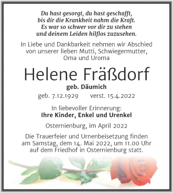 Traueranzeige von Helene Fräßdorf von Trauerkombi Köthen