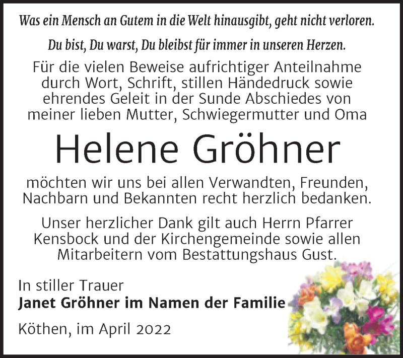  Traueranzeige für Helene Gröhner vom 02.04.2022 aus Trauerkombi Köthen