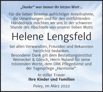 Traueranzeige von Helene Lengsfeld von Trauerkombi Bernburg