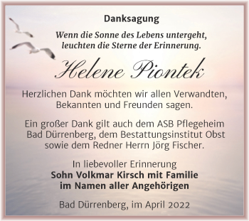 Traueranzeige von Helene Piontek von Trauerkombi Merseburg