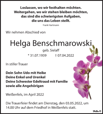 Traueranzeige von Helga Benschmarow von Trauerkombi Weißenfels