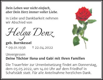 Traueranzeige von Helga Denz von Trauerkombi Merseburg