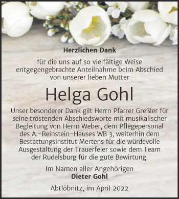 Traueranzeige von Helga Gohl von Wochenspiegel Naumburg/Nebra