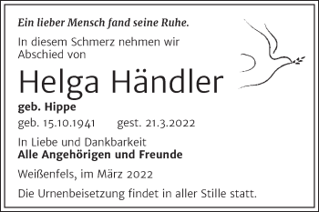 Traueranzeige von Helga Händler von Trauerkombi Weißenfels