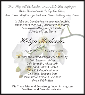 Traueranzeige von Helga Hedenus von Trauerkombi Wittenberg
