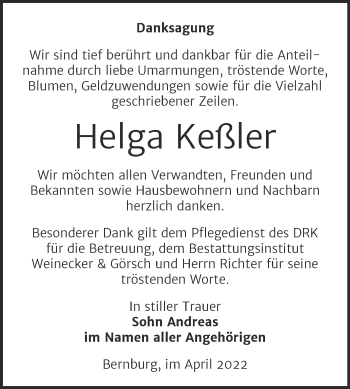 Traueranzeige von Helga Keßler von Trauerkombi Bernburg