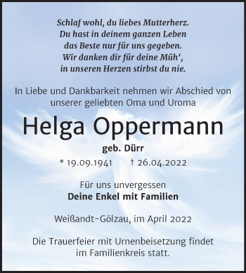 Traueranzeige von Helga Oppermann von Trauerkombi Köthen
