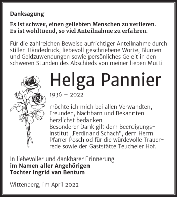 Traueranzeige von Helga Pannier von Trauerkombi Wittenberg