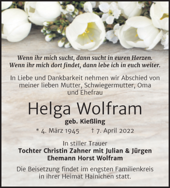 Traueranzeige von Helga Wolfram von Trauerkombi Quedlinburg