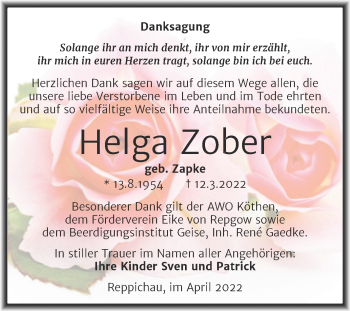 Traueranzeige von Helga Zober von Trauerkombi Köthen