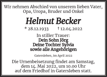 Traueranzeige von Helmut Becker von Trauerkombi Aschersleben