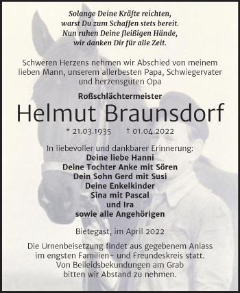 Traueranzeige von Helmut Braunsdorf von Trauerkombi Wittenberg