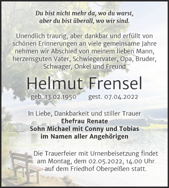 Traueranzeige von Helmut Frensel von Trauerkombi Bernburg